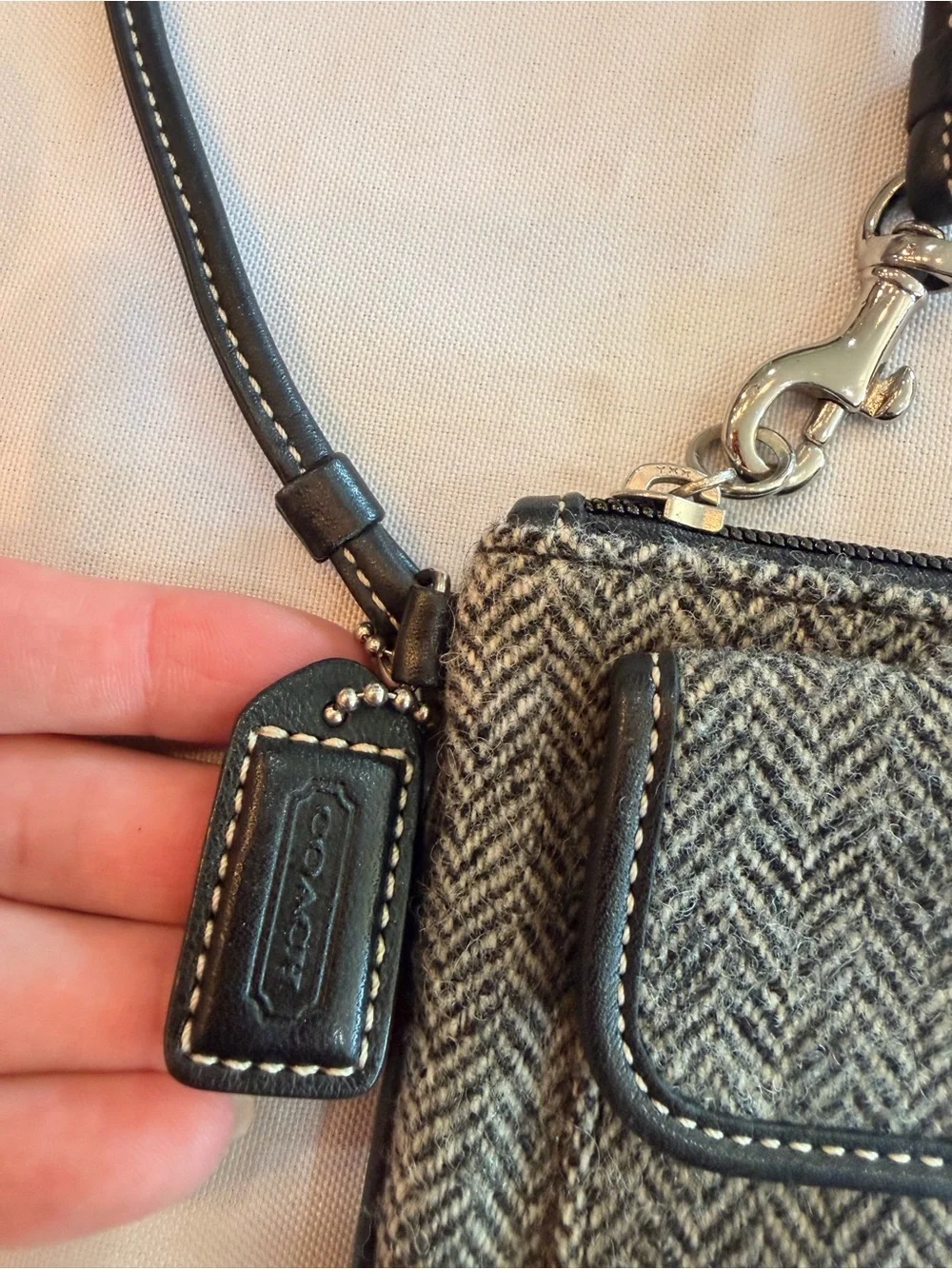Vintage Coach Herringbone Woolen Tweed Wristlet with Black Leather Trim